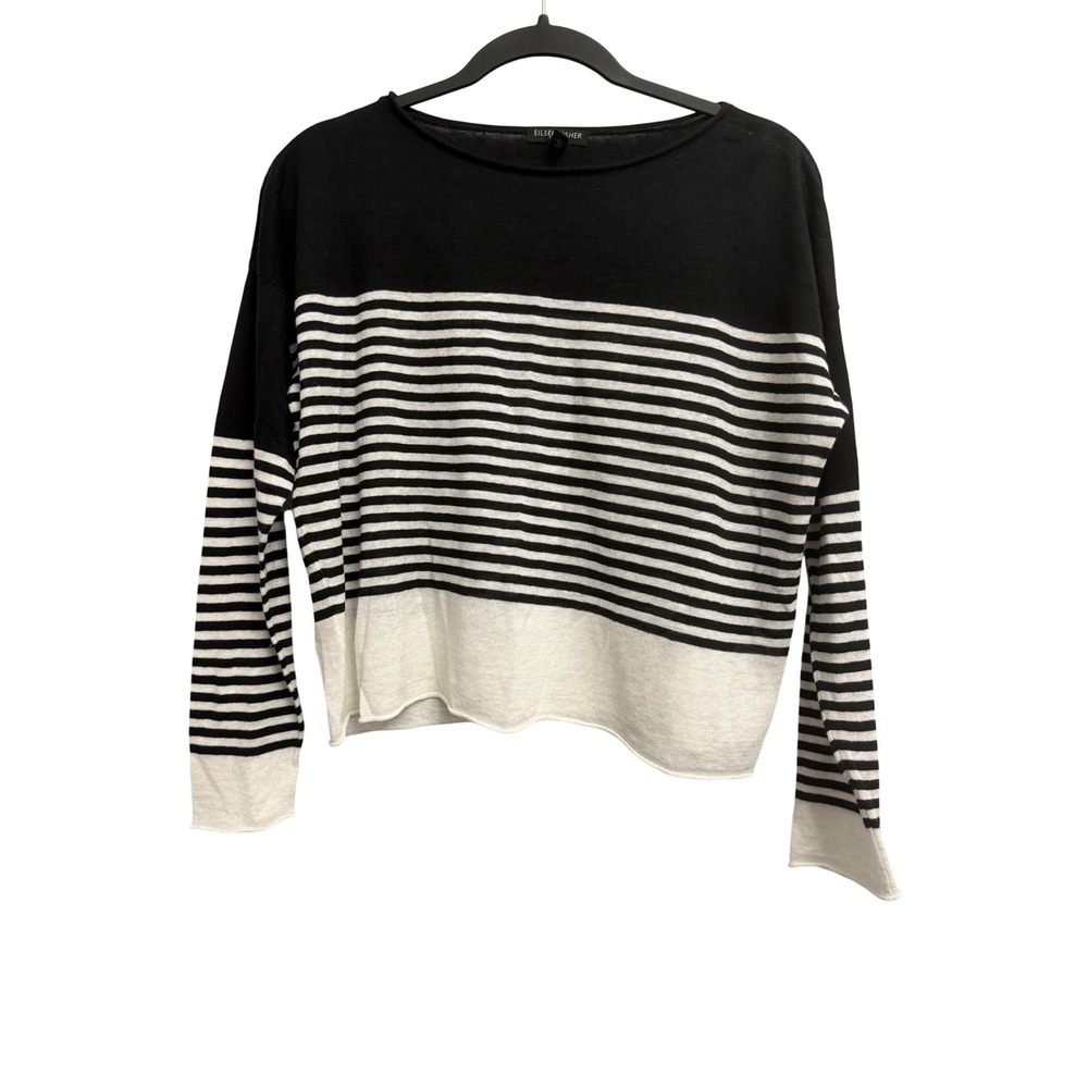 Eileen‎ Fisher Petite Organic Linen Cotton Striped Sweater Black White PS S19ZCR